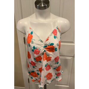 Kate Spade White Spaghetti Strap Tank Top W/ Coral Pink Floral Pattern, Size XS